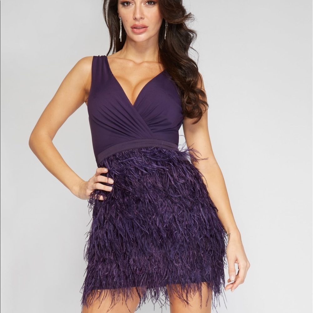 Sleeveless V-Neck Purple Feather-Trim Mini Dress